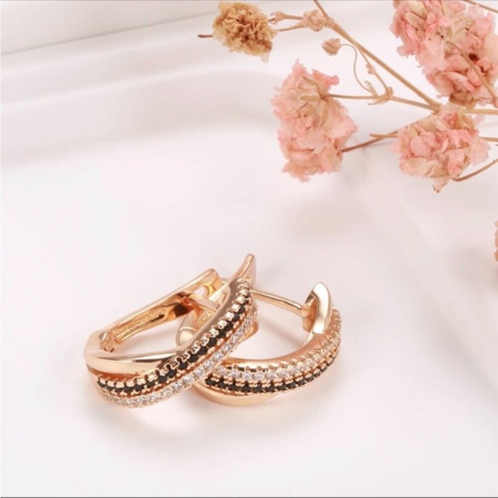 🌟Luxury Bling Black White Zircon 585 Rose Gold Color Earrings
